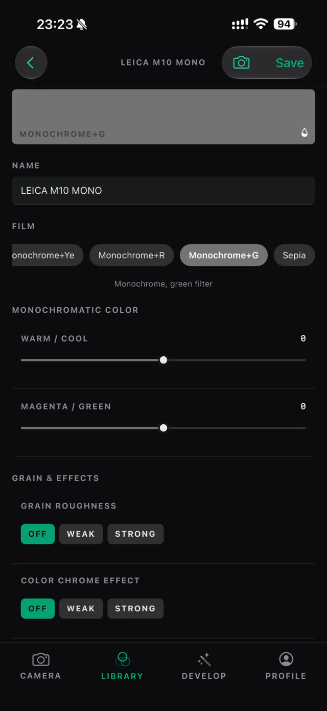 The monochrome recipe editor, with toning sliders and grain settings