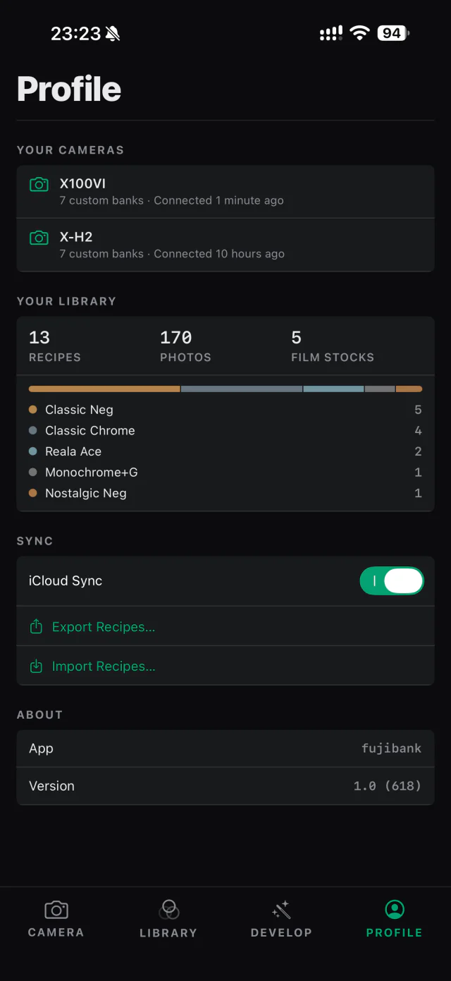 Profile showing connected cameras, library statistics, iCloud sync, and recipe export